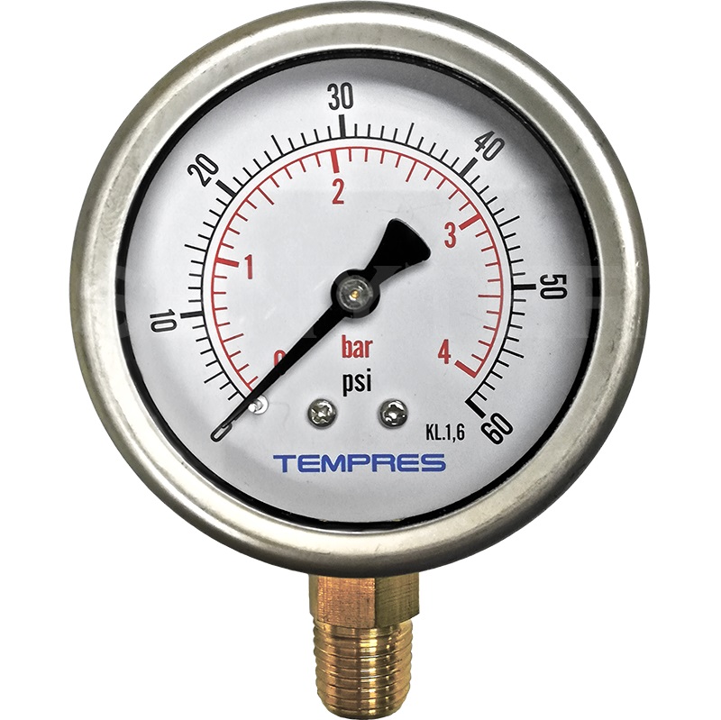 Manómetro TEMPRES Inox. Bronce Diámetro 2,5" Conexión 1/4" NPT M, Inferior en Bronce