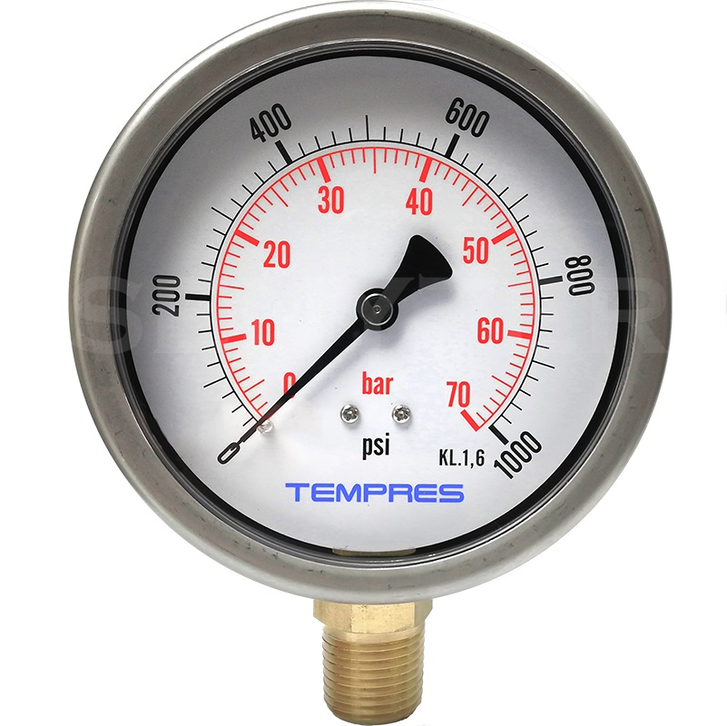 Manómetro TEMPRES Inox. Bronce Diámetro 4.0" Conexión 1/2" NPT M, Inferior en Bronce