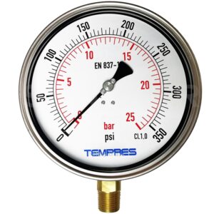 Manómetro TEMPRES Inox. Bronce Diámetro 6.0" Conexión 1/2" NPT M, Inferior en Bronce