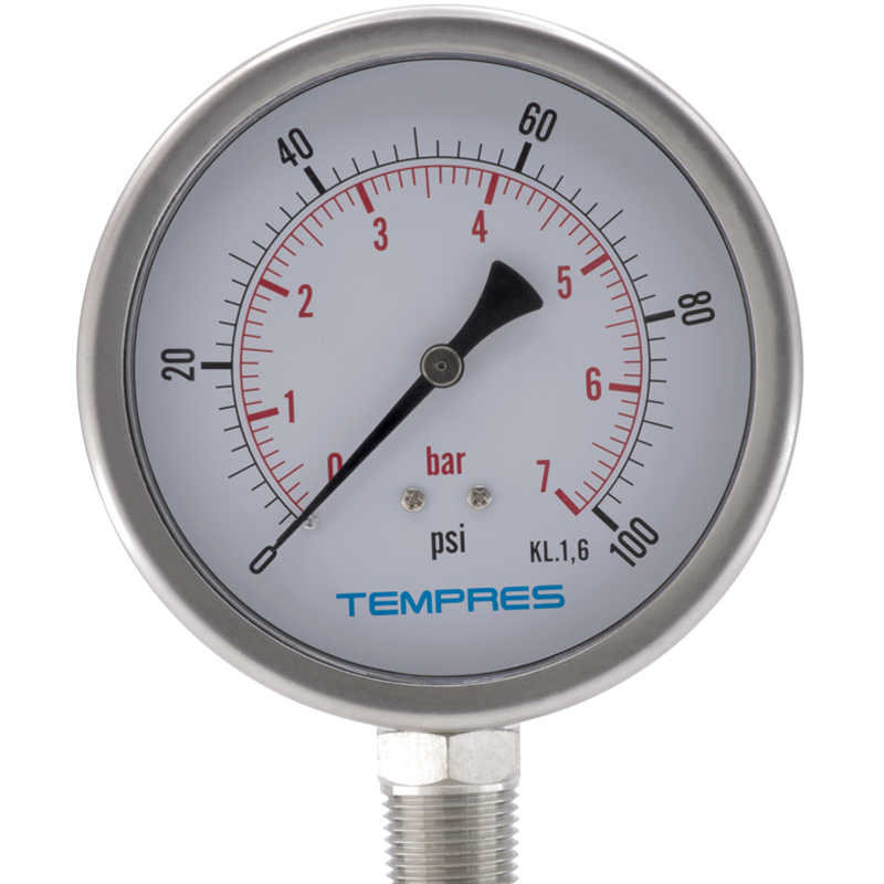 Manómetro TEMPRES full inox DN 4" Serie Económica Conexión Inferior Conexión 1/2" NPT M, Inferior en SS316
