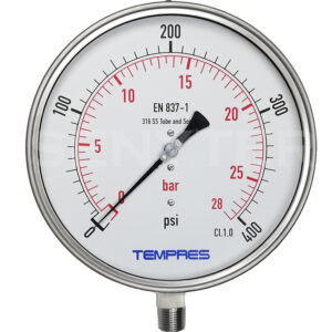 Manómetro TEMPRES Full Inox DN 8.0" Conexión 1/2" NPT M, Inferior en SS316