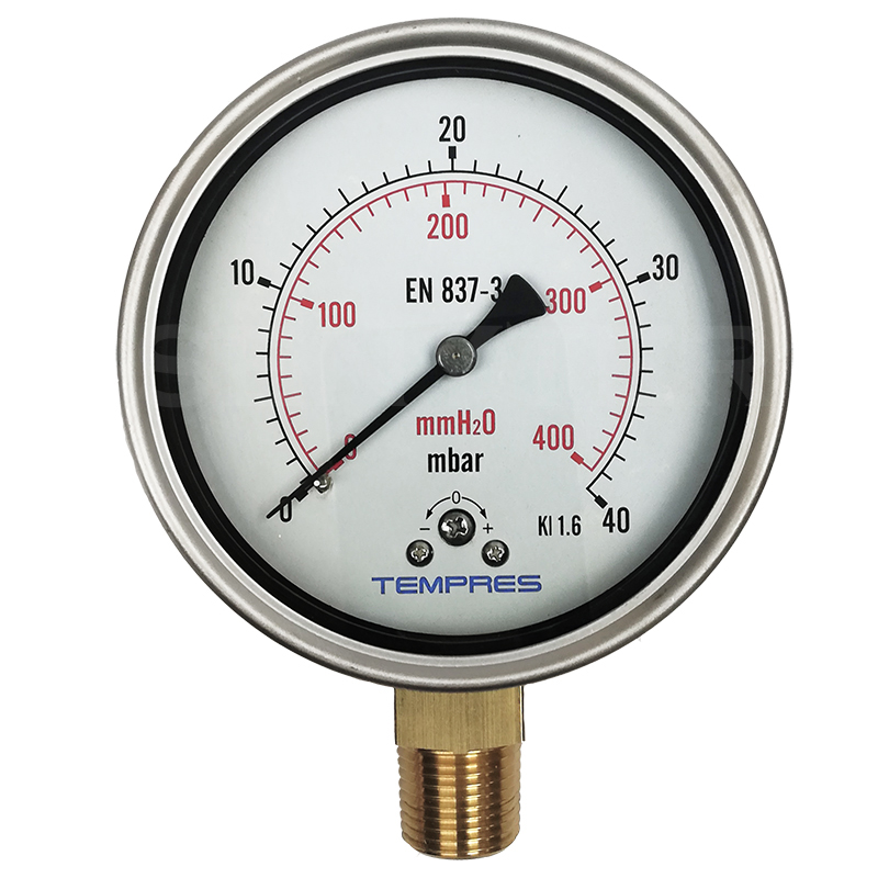Manómetro TEMPRES Baja Presión DN 4" Conexión 1/2" NPT M, Inferior en Bronce