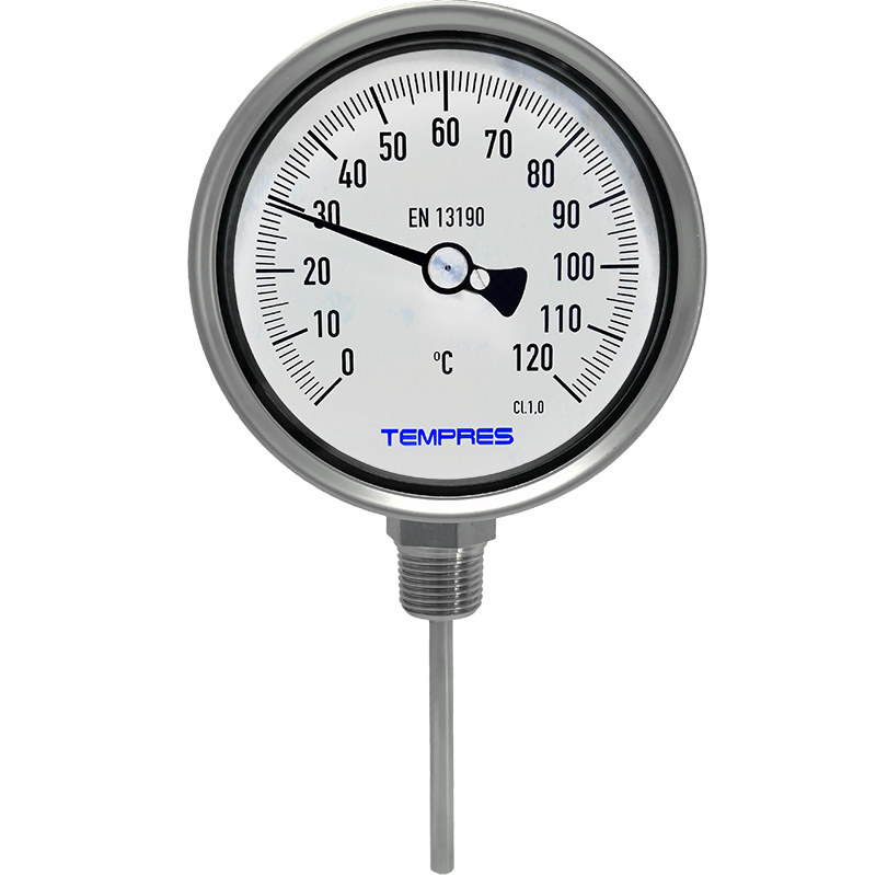 Termómetro bimetálico DN 4" Bulbo Inferior Conexión 1/2″ NPT M, Inferior en SS316