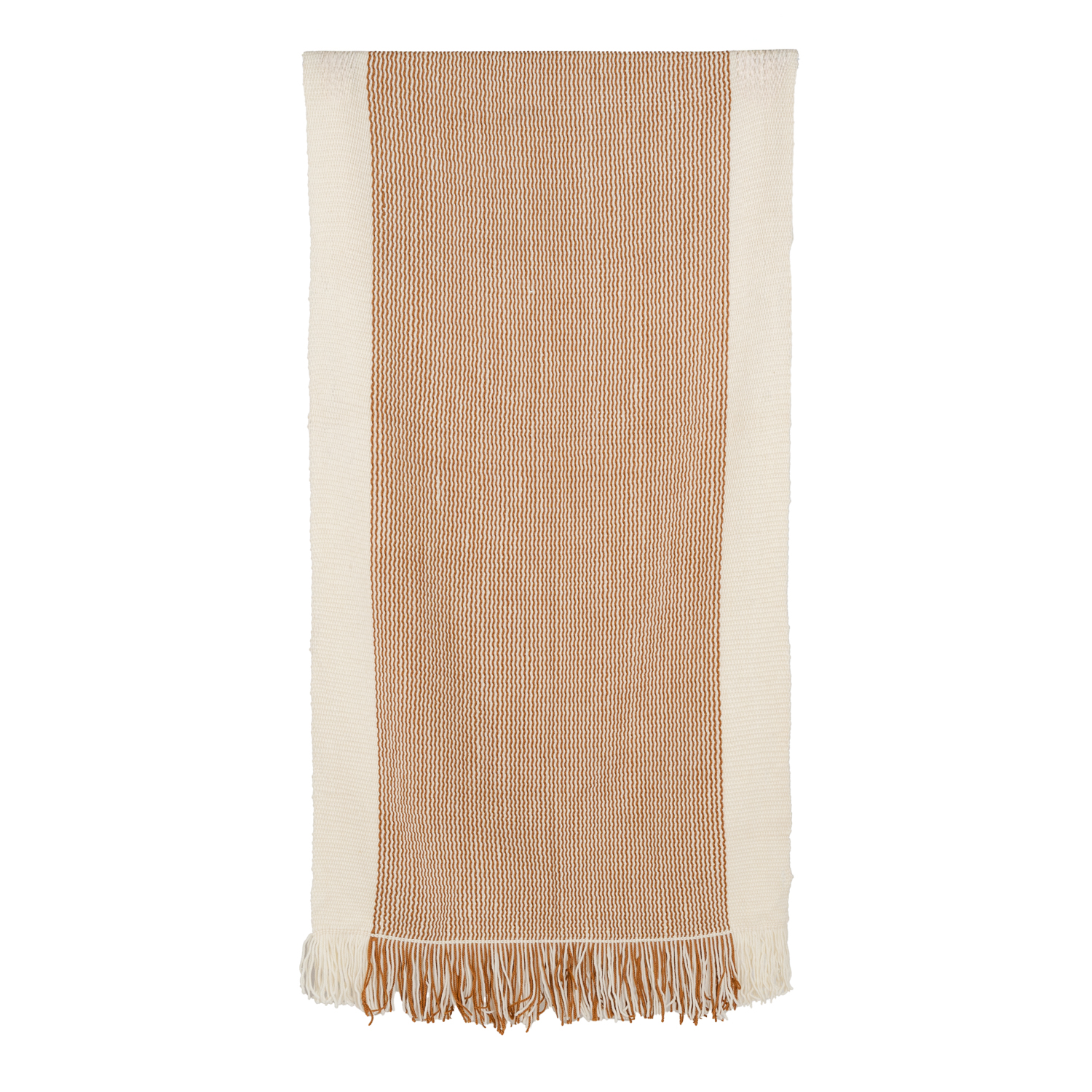 Piecera telar blanco y terracota 193 x 90 cm.